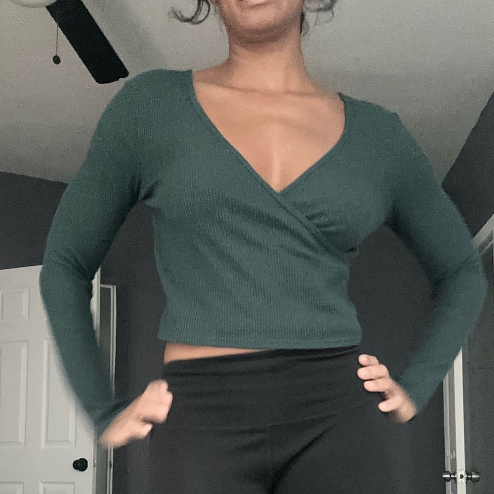 Aerie Forest Green Ribbed Wrap Crop Top